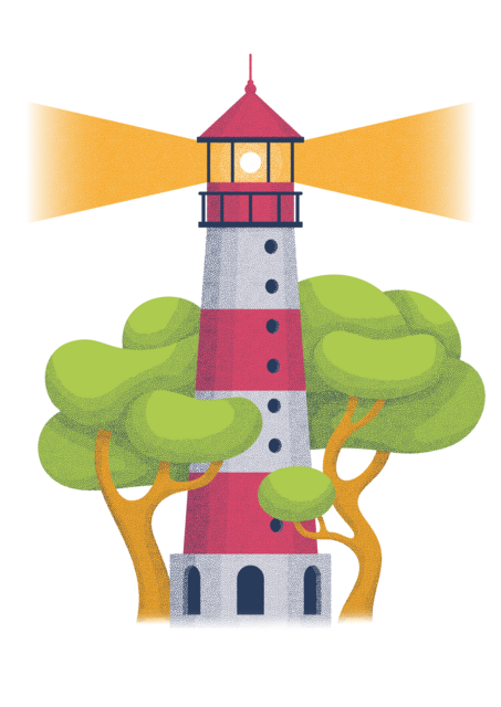Illustration eines von Bäumen umrankten Leuchtturmes, der sein Licht aussendet. Das Bild symbolisiert die nachhaltige und weitsichtige Anlagestrategie von Abendrot.