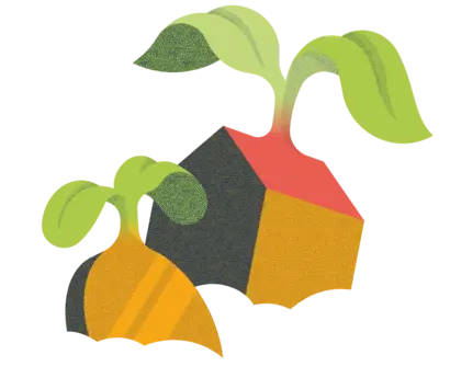 Illustration einer Münze und eines Hauses, beide stecken wie Samen in der Erde und haben kleine Keimblätter. Das Bild symbolisiert die nachhaltigen Anlagen von Abendrot in Wertschriften und Immobilien.