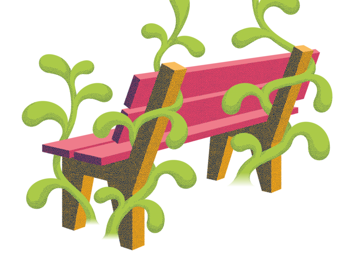 Illustration einer von Pflanzen umrankten roten Sitzbank, die der Aussicht zugewandt steht. Das Bild symbolisiert die sichere Vorsorge für Versicherte bei Abendrot.