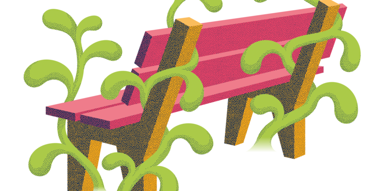 Illustration einer von Pflanzen umrankten roten Sitzbank, die der Aussicht zugewandt steht. Das Bild symbolisiert die sichere Vorsorge für Versicherte bei Abendrot.