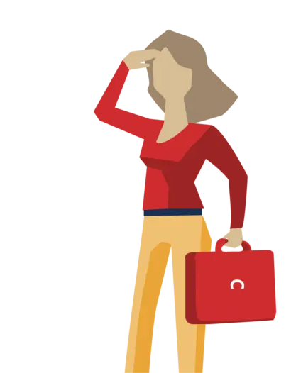 Illustration einer Frau mit Abendrot-Koffer in der Hand und Blick in die Ferne