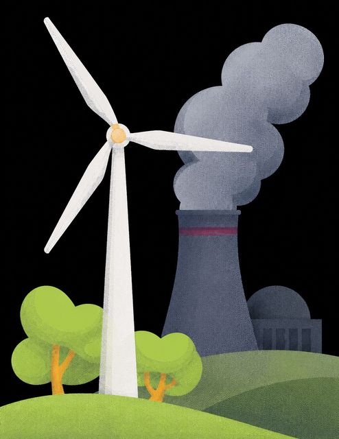 Éolienne et tour de centrale nucléaire