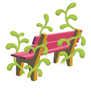 Illustration einer von Pflanzen umrankten roten Sitzbank, die der Aussicht zugewandt steht. Das Bild symbolisiert die sichere Vorsorge für Versicherte bei Abendrot.