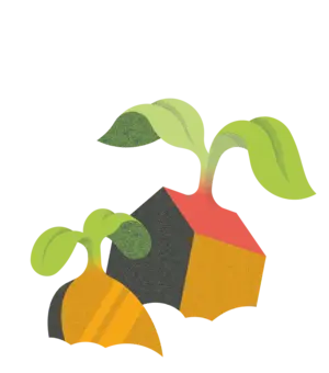 Illustration einer Münze und eines Hauses, beide stecken wie Samen in der Erde und haben kleine Keimblätter. Das Bild symbolisiert die nachhaltigen Anlagen von Abendrot in Wertschriften und Immobilien.