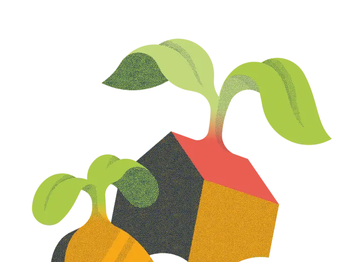 Illustration einer Münze und eines Hauses, beide stecken wie Samen in der Erde und haben kleine Keimblätter. Das Bild symbolisiert die nachhaltigen Anlagen von Abendrot in Wertschriften und Immobilien.