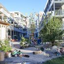Der Innenhof der Arealentwicklung Teiggi in Kriens, eine grosszügige, verkehrsfreie Wohnstrasse mit Begrünung, Sitzgelegenheiten und Spielplatz.